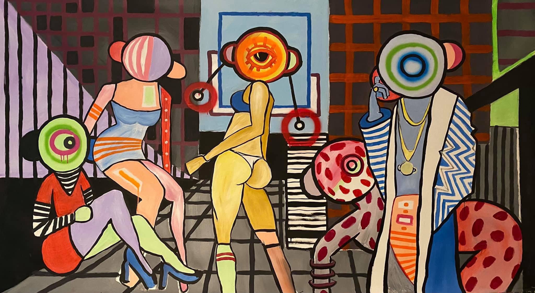 Yica Djuric group composition — five figures with circular heads in patterned interior