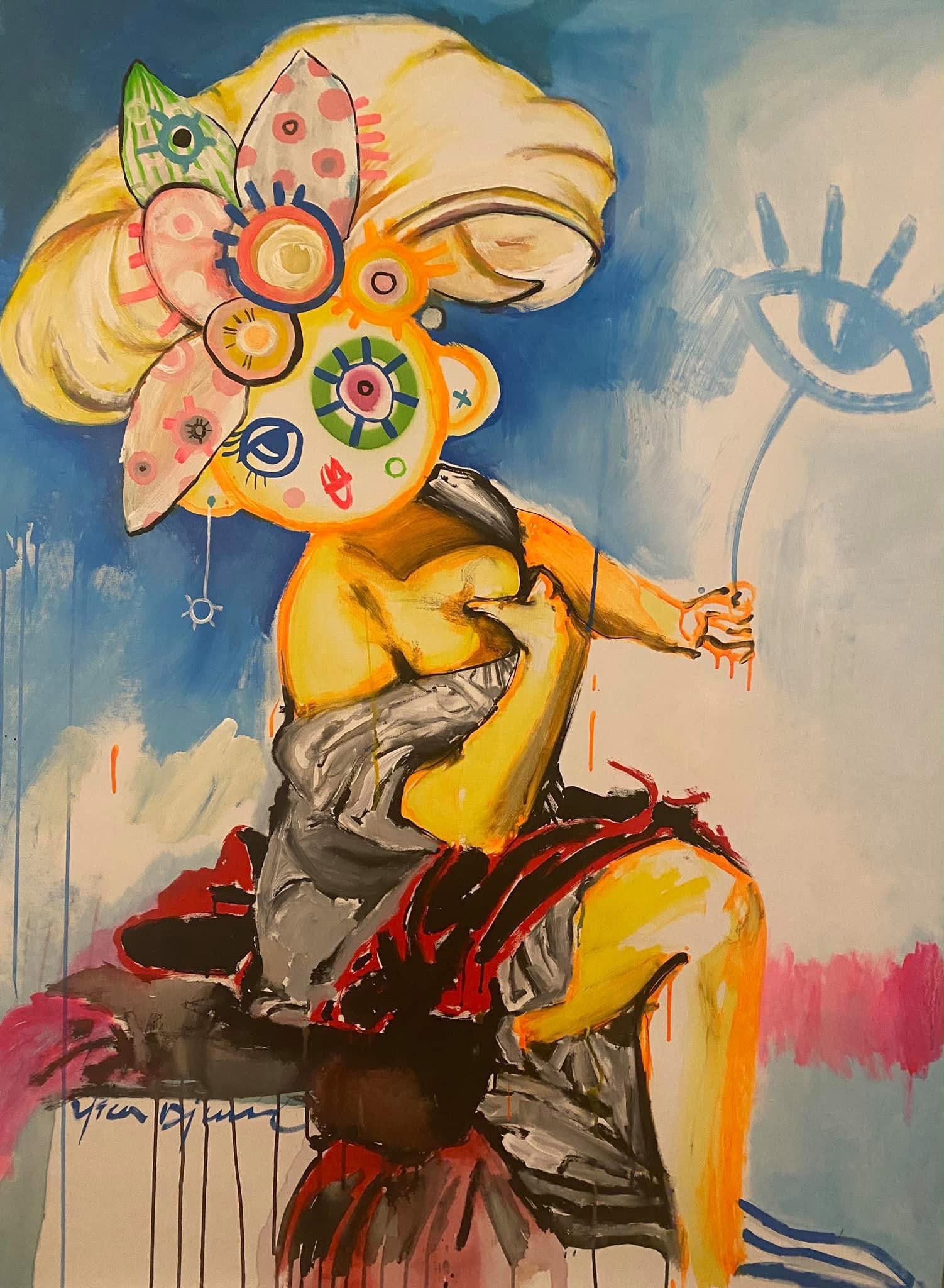 Yica Djuric expressionist painting — figure with flower-decorated head on blue background