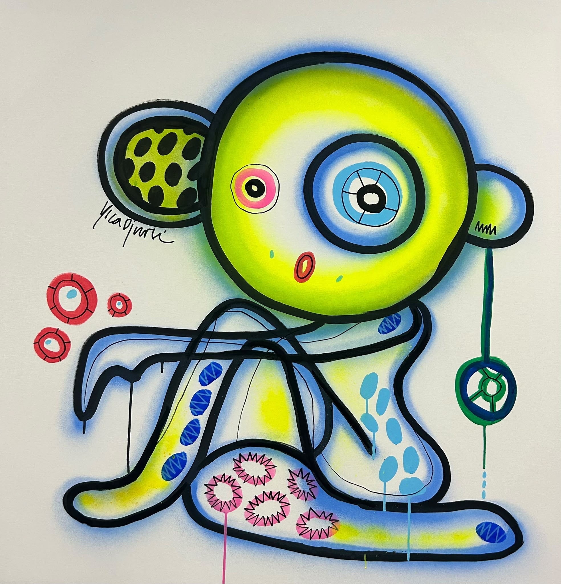 Yica Djuric neon green character painting — figure with mismatched eyes sitting cross-legged