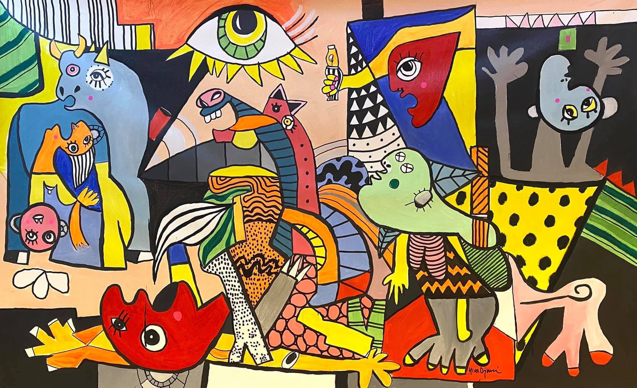 Yica Djuric large-scale Guernica-inspired composition with multiple bold characters and vivid patterns