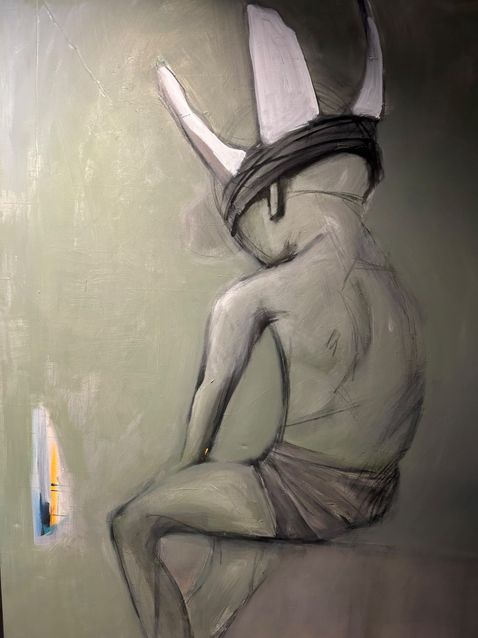 Yica Djuric figurative painting — horned figure in muted sage and charcoal tones