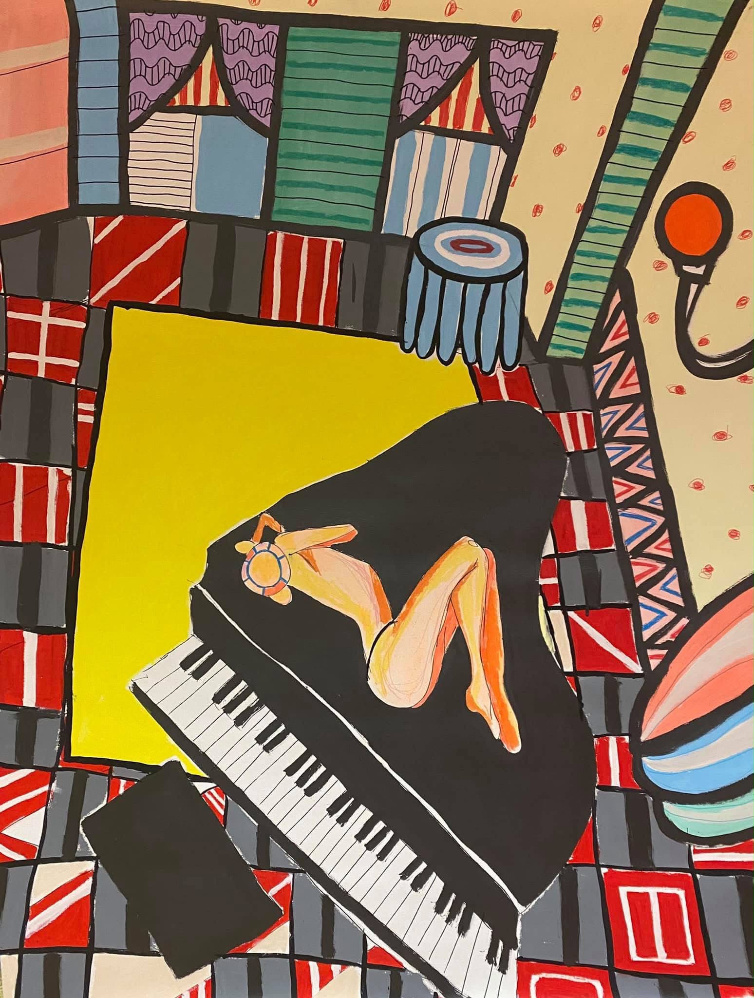 Yica Djuric interior scene — figure reclining on grand piano in richly patterned room