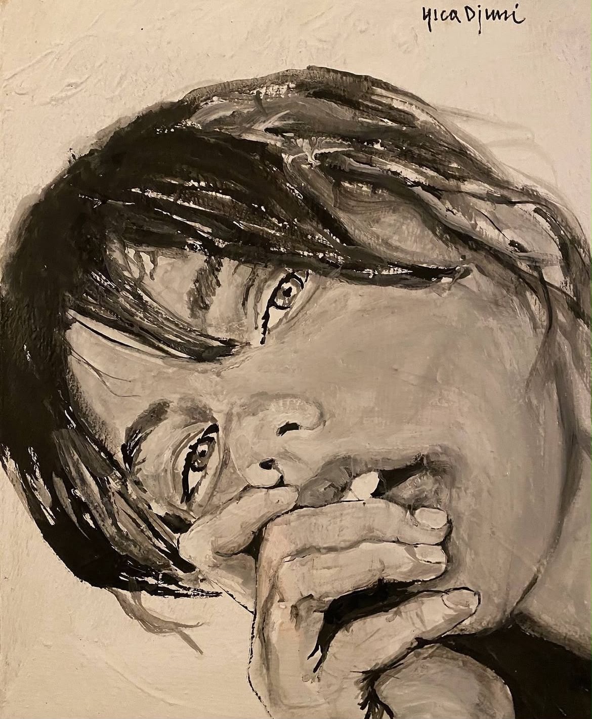 Yica Djuric monochrome portrait study — raw brushwork, hand covering face