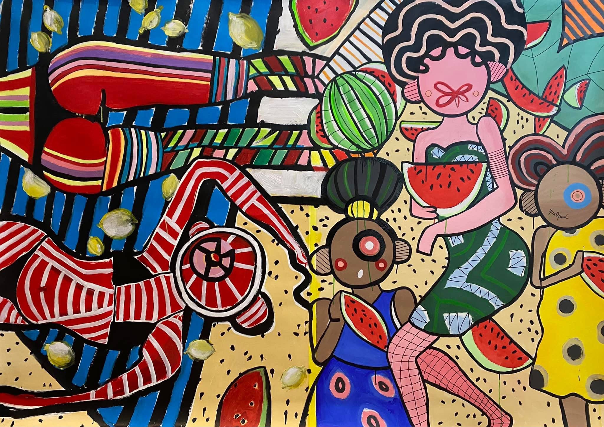 Yica Djuric colorful painting — two figures with watermelons and striped motifs