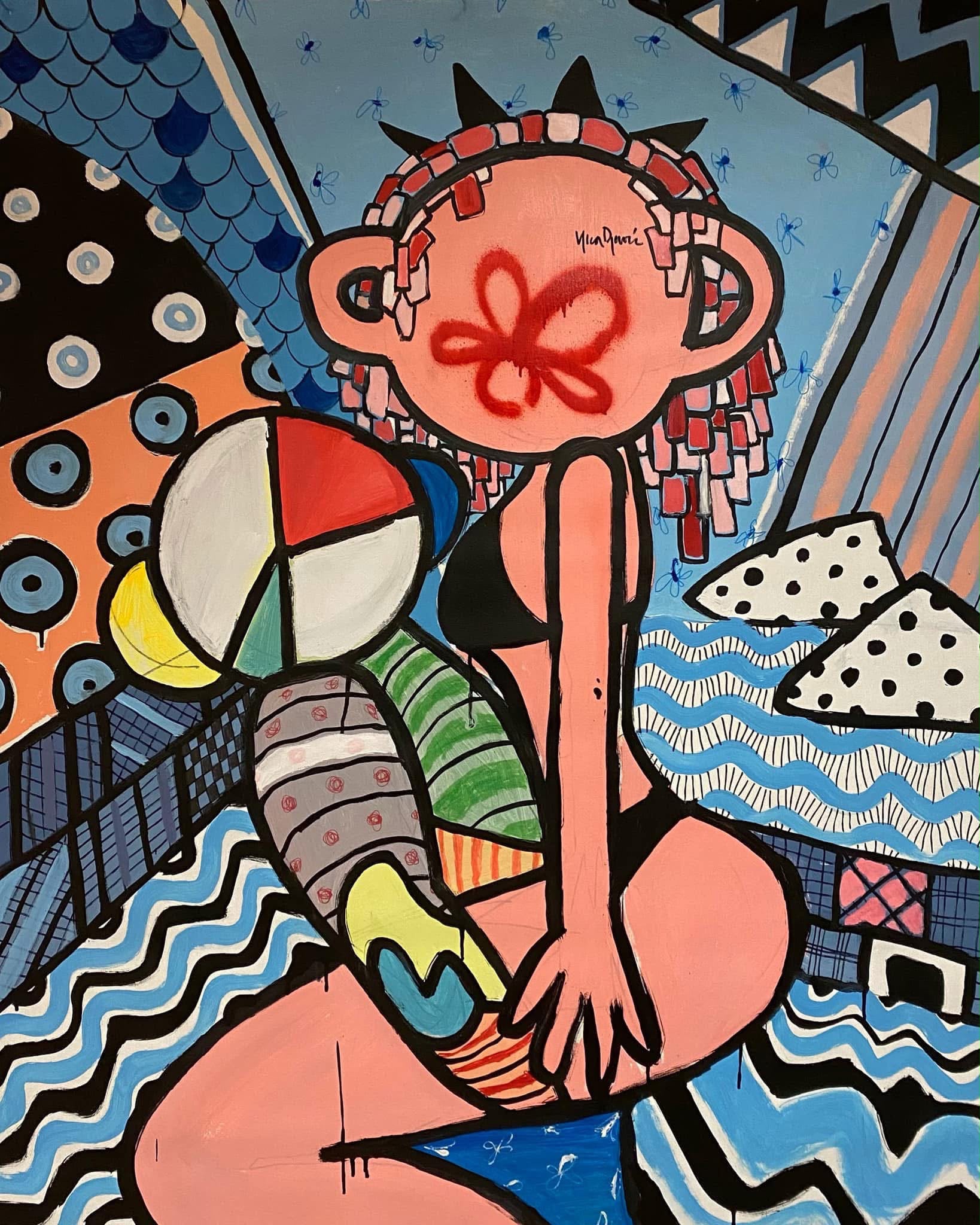 Colorful figure with flower face surrounded by blue waves and patterns